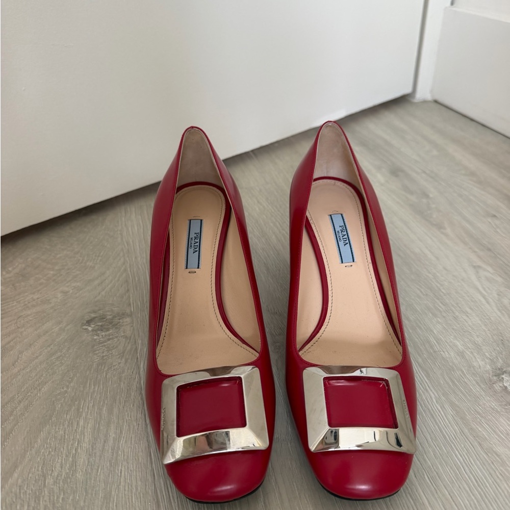 Prada Red Leather Square-Buckle Pumps